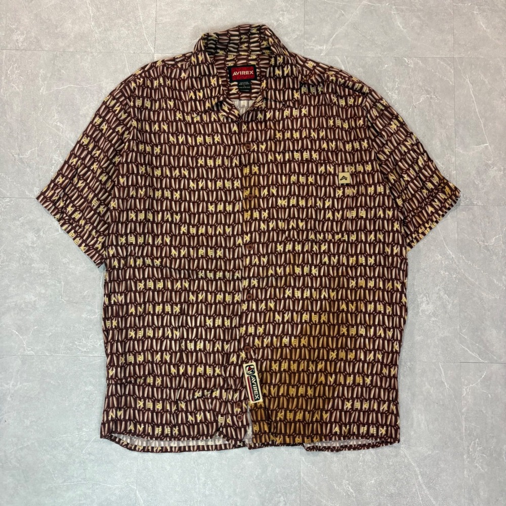 Avirex Mens All Over Logo Print Rayon Short Sleeve Button Down Shirt Brown L